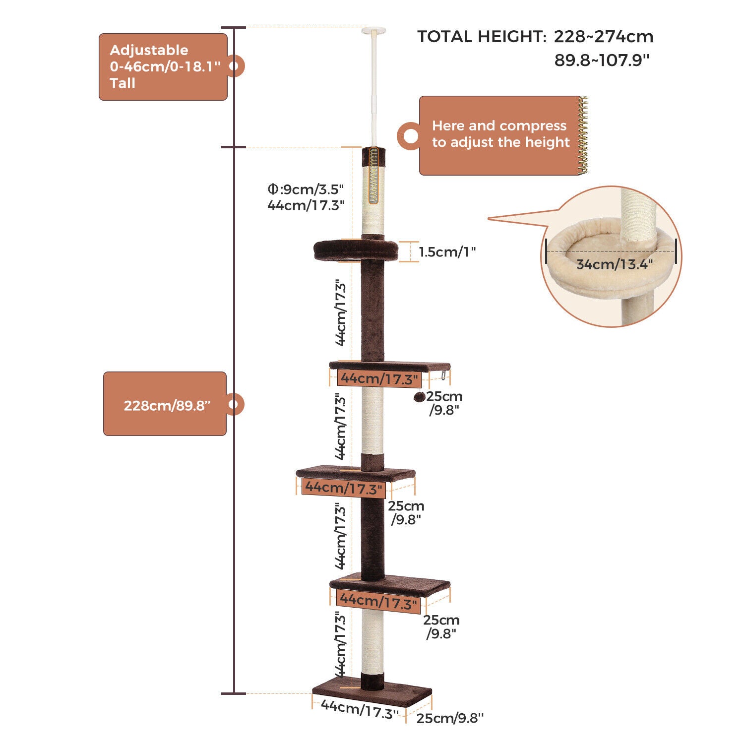 PAWZ Road Kratzbaum Deckenhoch Kletterturm Sisal Katzen Katzenbaum XL 228-274 Cm