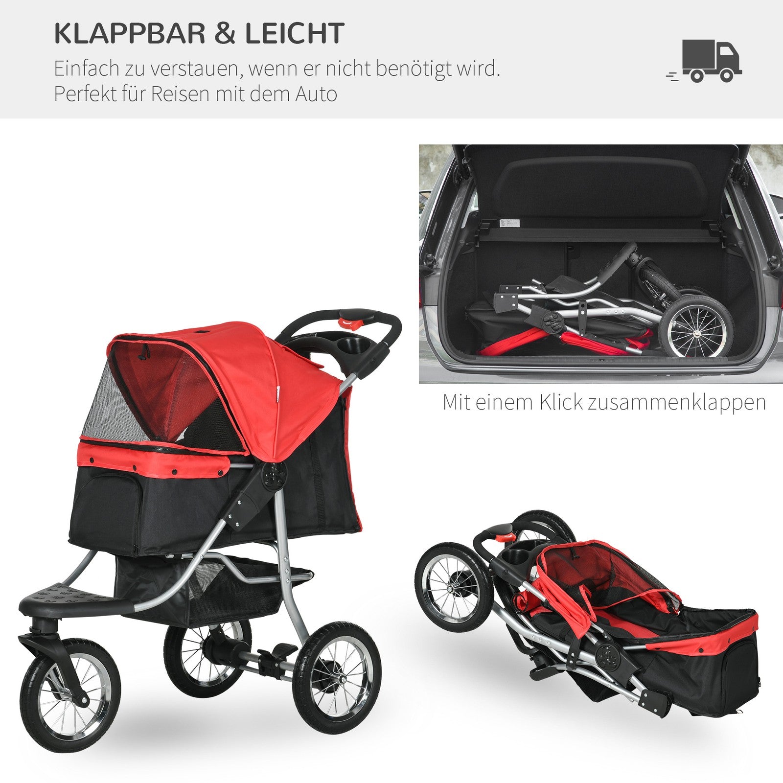Hundewagen Hundebuggy Katzen Pet Stroller Mit 3 Rädern Klappbar Oxford Rot