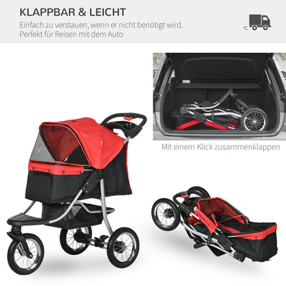 Hundewagen Hundebuggy Katzen Pet Stroller Mit 3 Rädern Klappbar Oxford Rot