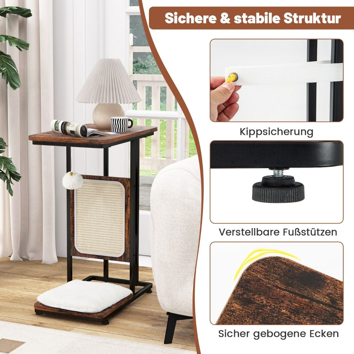 Beistelltisch Mit Sisal-Kratzbrett 4 in 1 Katzenmöbel Katzenkratzer Mit Abnehmbarem Kissen & Ball 50 X 30 X 64 Cm Rustikales Braun