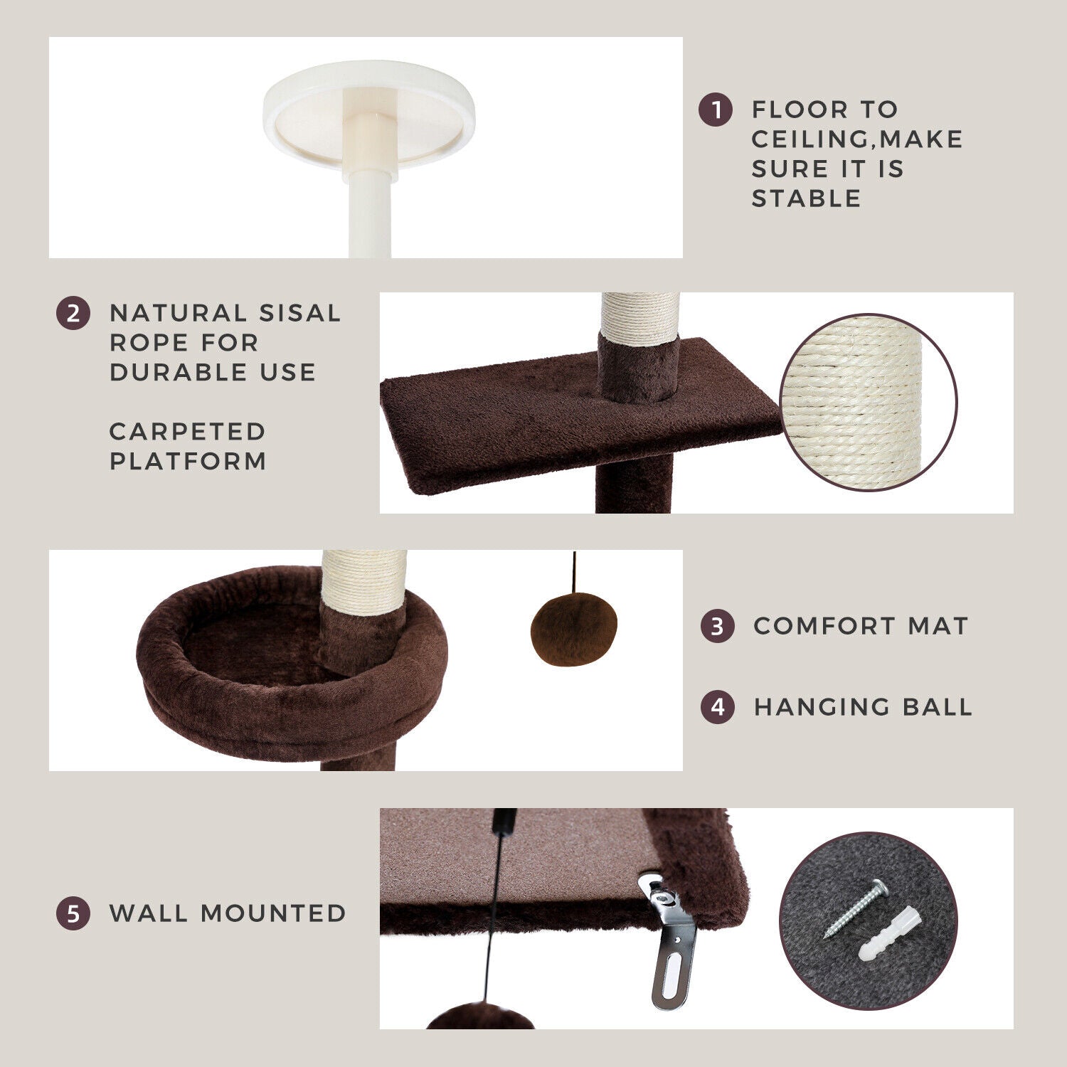 PAWZ Road Kratzbaum Deckenhoch Kletterturm Sisal Katzen Katzenbaum XL 228-274 Cm