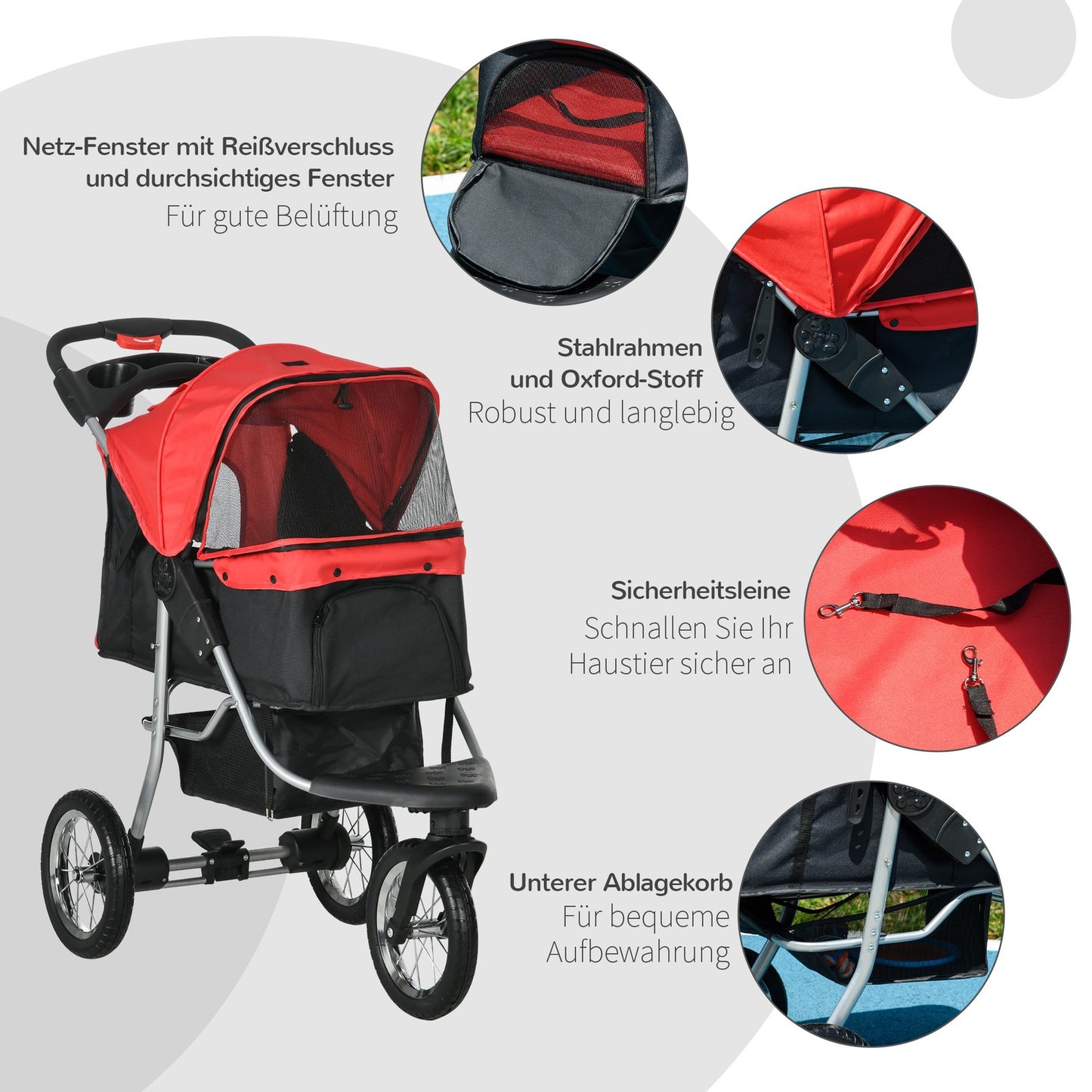 Hundewagen Hundebuggy Katzen Pet Stroller Mit 3 Rädern Klappbar Oxford Rot