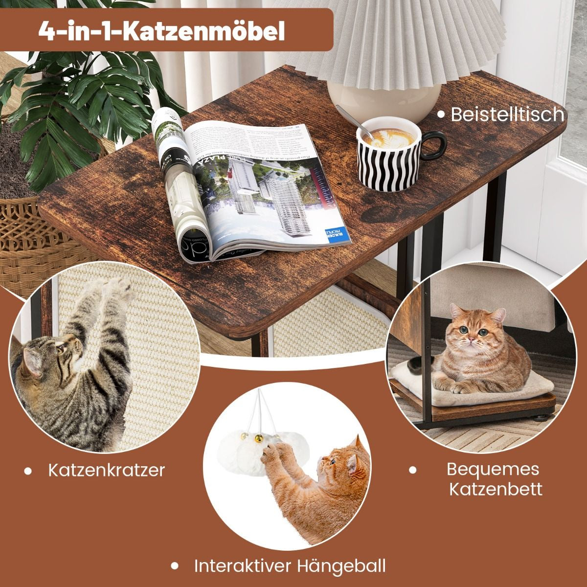 Beistelltisch Mit Sisal-Kratzbrett 4 in 1 Katzenmöbel Katzenkratzer Mit Abnehmbarem Kissen & Ball 50 X 30 X 64 Cm Rustikales Braun