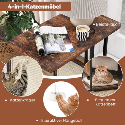 Beistelltisch Mit Sisal-Kratzbrett 4 in 1 Katzenmöbel Katzenkratzer Mit Abnehmbarem Kissen & Ball 50 X 30 X 64 Cm Rustikales Braun